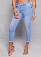 Womens WAX High Waist Rolled Cuff Denim Jeans, Blue,
