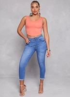 Womens WAX High Waist Rolled Cuff Denim Jeans, Blue,