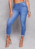 Womens WAX High Waist Rolled Cuff Denim Jeans, Blue,
