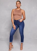 Womens WAX High Waist Rolled Cuff Denim Jeans, Blue,