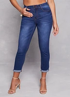 Womens WAX High Waist Rolled Cuff Denim Jeans, Blue,