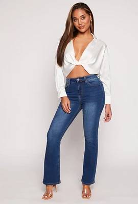 Womens WAX Acid Wash High Waisted Boot Cut Jeans, Blue, Size 1