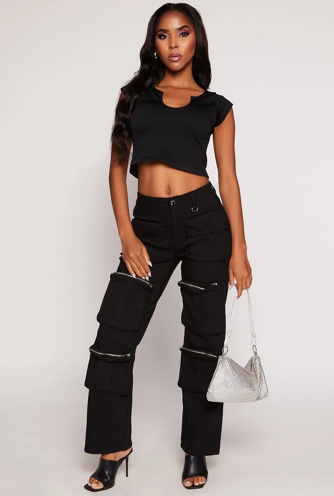Womens Stretch High Waisted Wide Leg Cargo Pants, Black, Size L