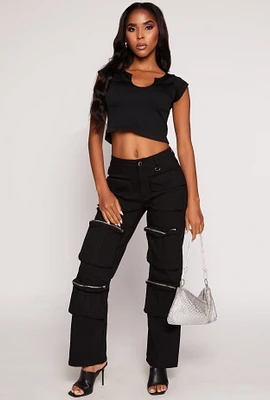Womens Stretch High Waisted Wide Leg Cargo Pants, Black, Size L