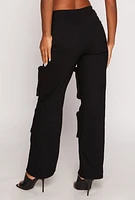 Womens Stretch High Waisted Wide Leg Cargo Pants, Black, Size M
