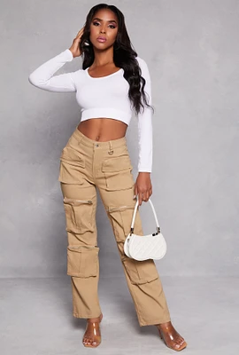 Womens Stretch High Waisted Wide Leg Cargo Pants, Khaki,