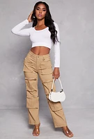 Womens Stretch High Waisted Wide Leg Cargo Pants, Khaki,