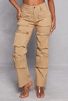 Womens Stretch High Waisted Wide Leg Cargo Pants, Khaki,