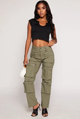 Womens Stretch High Waisted Wide Leg Cargo Pants, Green, Size S