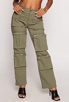Womens Stretch High Waisted Wide Leg Cargo Pants, Green, Size S