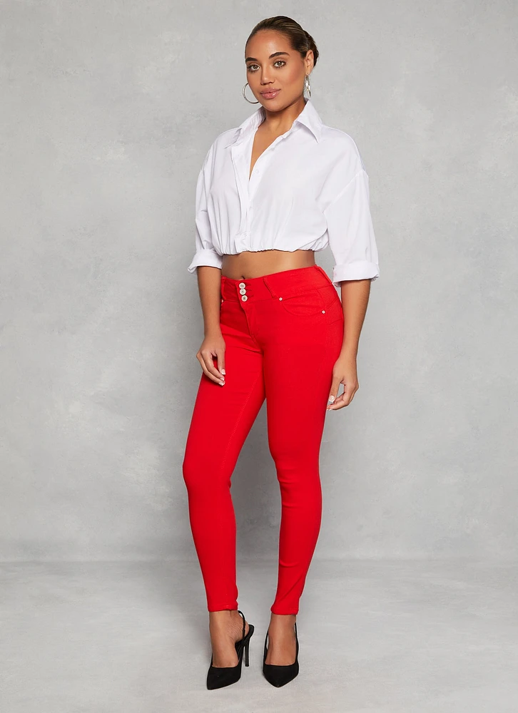 Womens Triple Button High Waist Skinny Leg Pants, Red, Size M