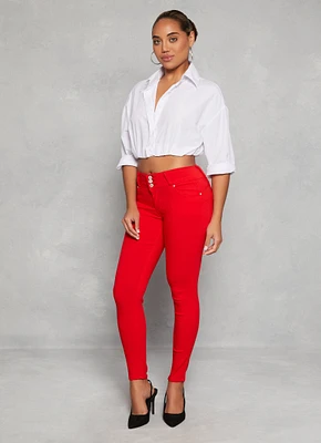 Womens Triple Button High Waist Skinny Leg Pants, Red, Size M