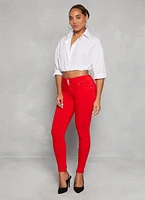 Womens Triple Button High Waist Skinny Leg Pants, Red, Size M