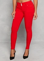 Womens Triple Button High Waist Skinny Leg Pants, Red, Size M