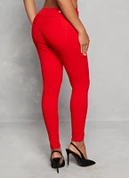 Womens Triple Button High Waist Skinny Leg Pants, Red, Size M