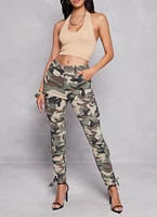 Womens Camo High Waisted Skinny Leg Cargo Pants, Green, Size L