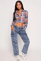 Womens Madden Girl Acid Wash Cargo Jeans, Blue, Size L