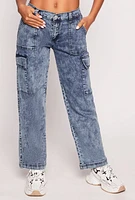 Womens Madden Girl Acid Wash Cargo Jeans, Blue, Size L