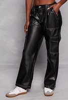 Womens Almost Famous Decorative Stitch Faux Leather Cargo Pants, Black, Size S