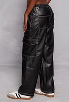 Womens Almost Famous Decorative Stitch Faux Leather Cargo Pants, Black, Size S