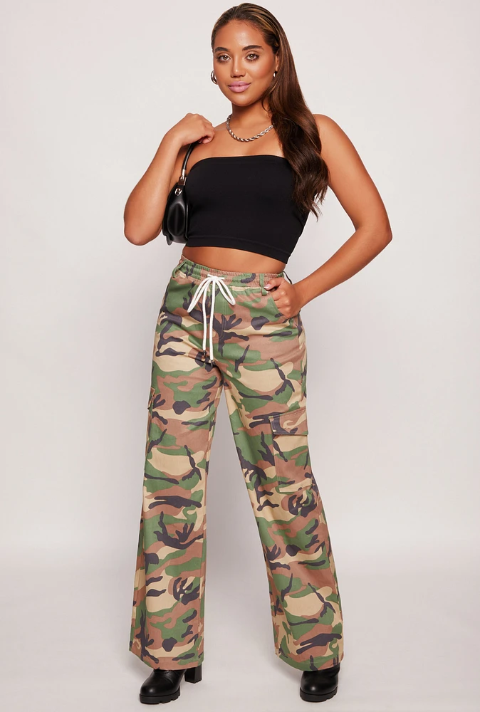 Womens Almost Famous Camo Drawstring Waist Cargo Pants, Green, Size M