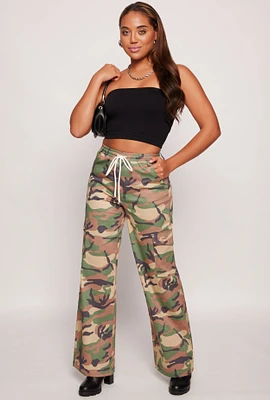 Womens Almost Famous Camo Drawstring Waist Cargo Pants, Green, Size M