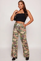 Womens Almost Famous Camo Drawstring Waist Cargo Pants, Green, Size M