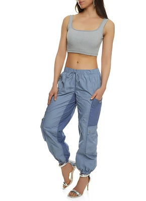 Womens Color Block Drawstring Cargo Joggers, Blue, Size M
