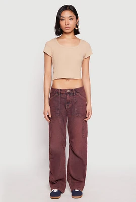 Womens Almost Famous Mineral Wash Cargo Barrel Jeans, Burgundy, Size 11