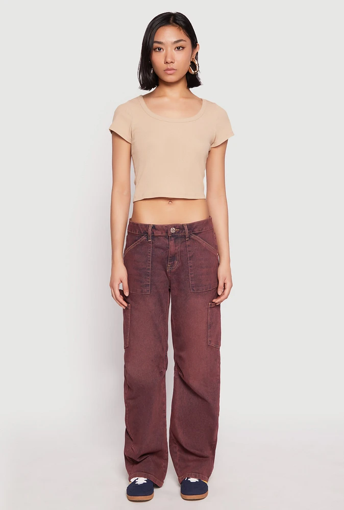 Womens Almost Famous Mineral Wash Cargo Barrel Jeans, Burgundy, Size 3