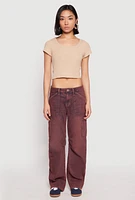 Womens Almost Famous Mineral Wash Cargo Barrel Jeans, Burgundy, Size 3