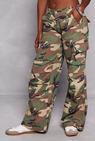 Womens Almost Famous Camouflage Wide Leg Cargo Pants, Green,
