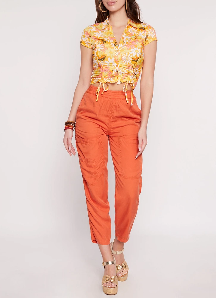 Womens High Waist Pull On Cargo Pants, Orange, Size S