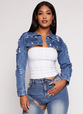 Womens Distressed Bolero Jean Jacket, Blue, Size S