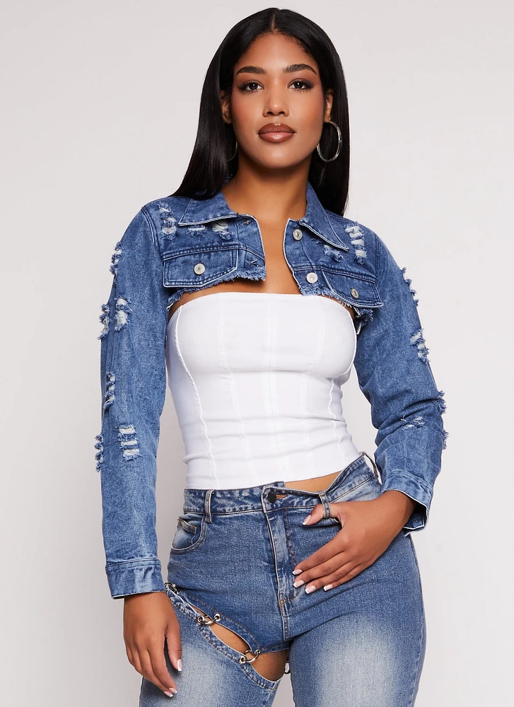 Womens Distressed Bolero Jean Jacket, Blue, Size L