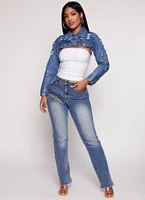 Womens Distressed Bolero Jean Jacket, Blue, Size L