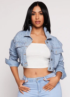 Womens Daisy Rhinestone Cropped Jean Jacket, Blue, Size M