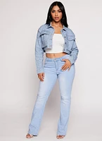 Womens Daisy Rhinestone Cropped Jean Jacket, Blue, Size M