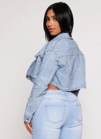 Womens Daisy Rhinestone Cropped Jean Jacket, Blue, Size M
