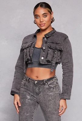 Womens Daisy Acid Wash Cropped Jean Jacket, Grey, Size M