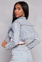 Womens Daisy Acid Wash Cropped Jean Jacket, Blue, Size S