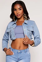 Womens Daisy Cargo Pocket Cropped Jean Jacket, Blue, Size S