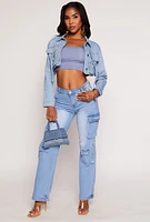 Womens Daisy Cargo Pocket Cropped Jean Jacket, Blue, Size S