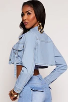 Womens Daisy Cargo Pocket Cropped Jean Jacket, Blue, Size S