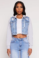 Womens WAX Distressed Hooded Jean Jacket, Blue, Size M