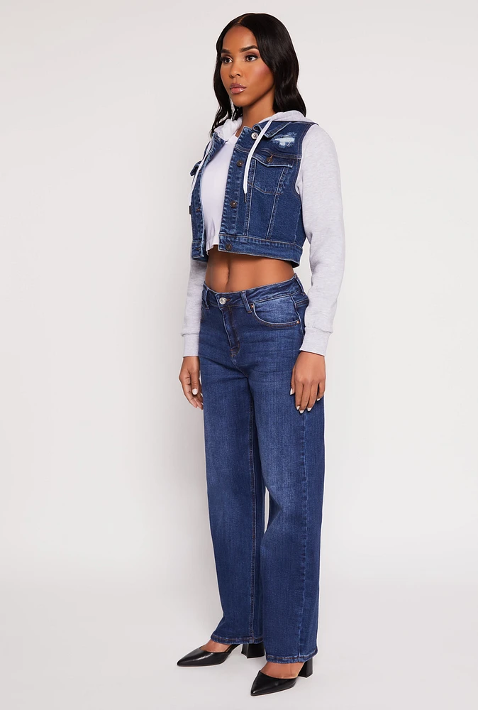 Womens WAX Distressed Hooded Jean Jacket, Blue, Size S