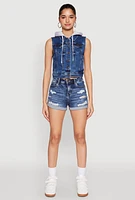 Womens WAX Hooded Denim Vest, Blue, Size S