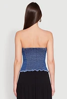 Womens Frayed Split Hem Denim Tube Top, Blue, Size M