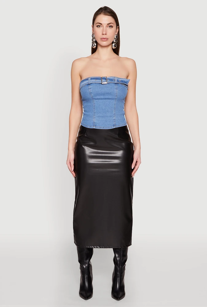 Womens Denim Belted Front Tube Top, Blue, Size XL