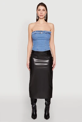 Womens Denim Belted Front Tube Top, Blue, Size XL